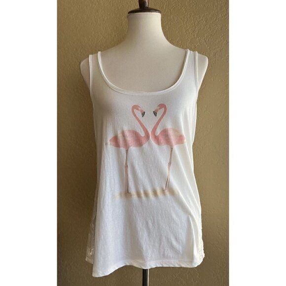 Others Follow Tops - Others Follow Women's White Lace Ibiza Flamingo Tank Top Size S M